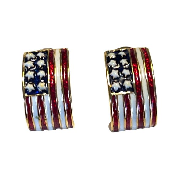 American Flag Gold-Tone Crescent Hoop Earrings With Stud Backings - Picture 1 of 8